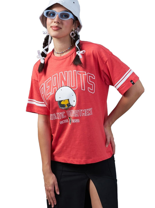 Bewakoof Official Peanuts Merchandise Womens Graphic Print Oversized Fit Half Sleeve Round Neck Cotton T-Shirt_615030_Pink_L