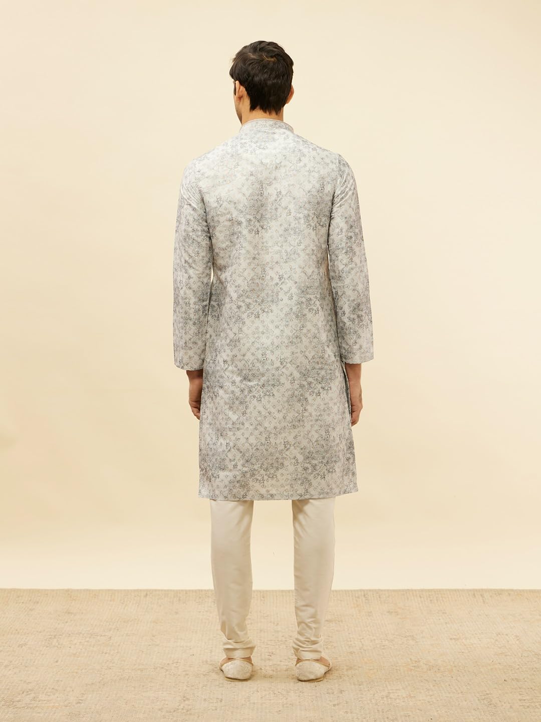 Manyavar Mens Grey Art Silk Printed Kurta Pyjama Set