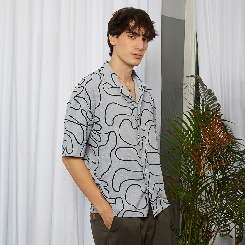 Campus Sutra Mens Cloud Grey Abstract-Lined Oversized Shirt for Casual Wear | Cuban Collar | Short Sleeve | Button Closure | Ov