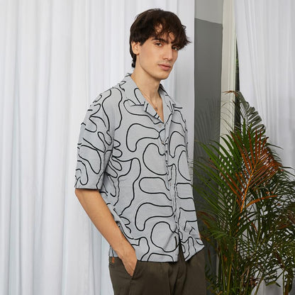 Campus Sutra Mens Cloud Grey Abstract-Lined Oversized Shirt for Casual Wear | Cuban Collar | Short Sleeve | Button Closure | Ov