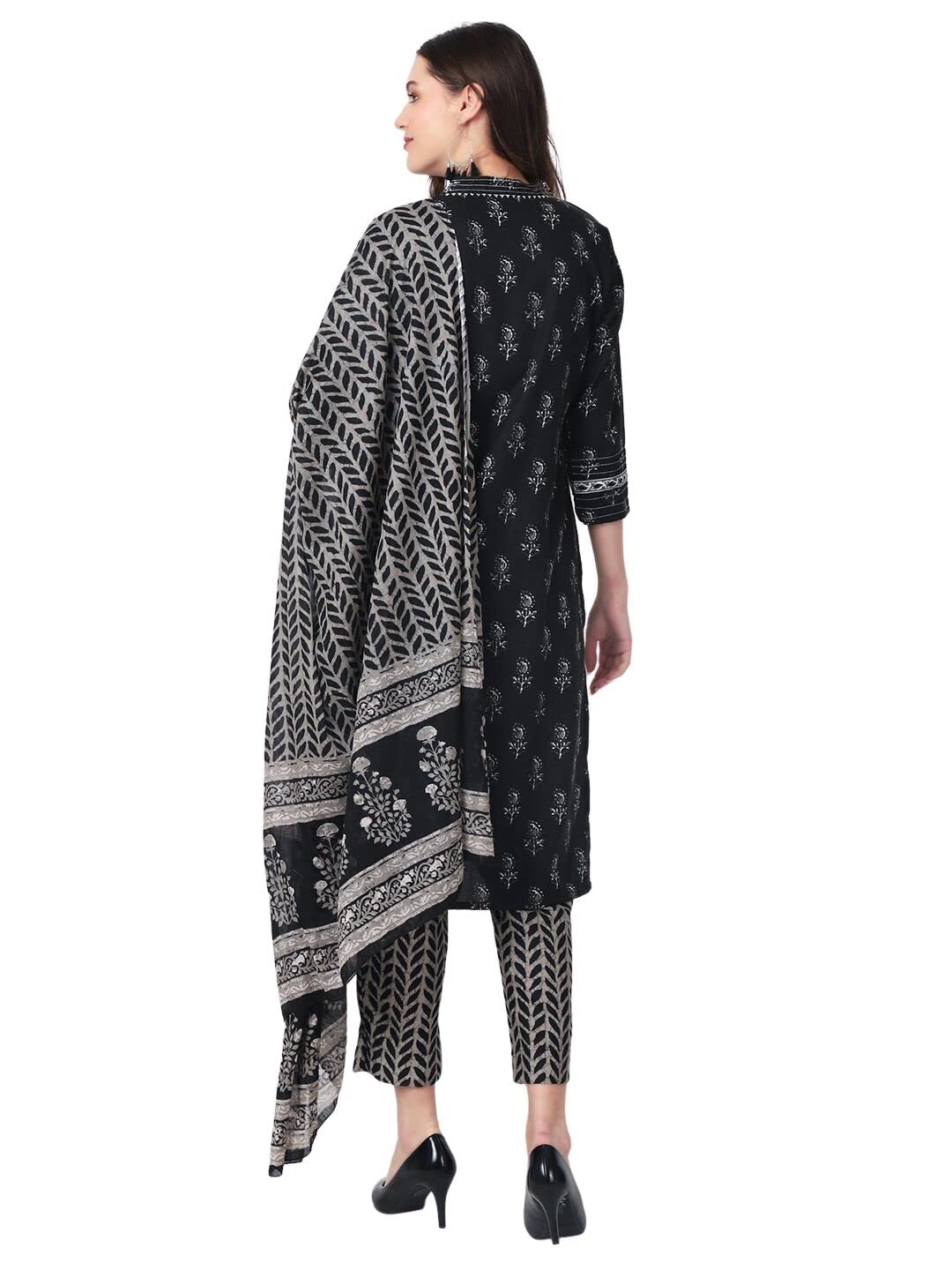 rytras Women's Rayon Black and Grey Printed Straight Kurta with Palazzos Pants and Dupatta Set