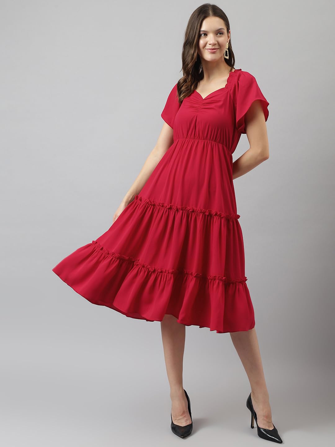 Toochki Womens red Rayon Solid fit & Flared Regular fit Western Midi Length Kurti a line Style Summer wear Kurtis Trendy Colour