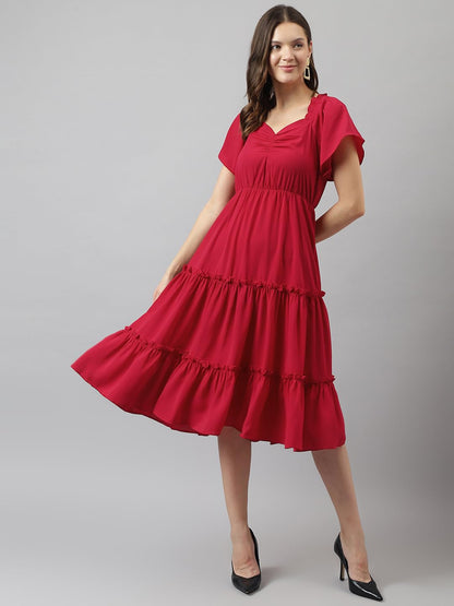 Toochki Womens red Rayon Solid fit & Flared Regular fit Western Midi Length Kurti a line Style Summer wear Kurtis Trendy Colour