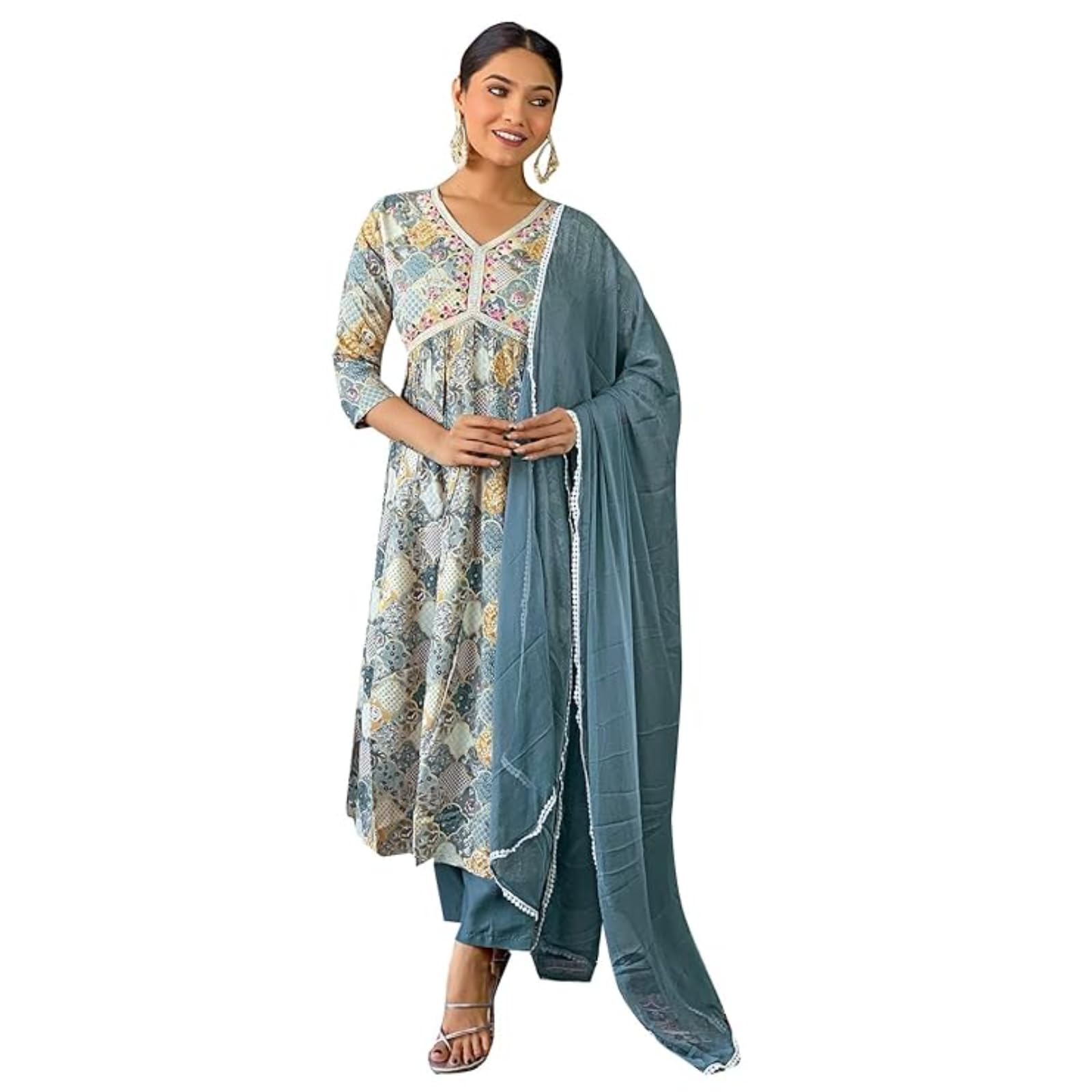 Naixa WomenS Firoji Viscose Rayon Printed Flared Kurta With Pant And Laced Dupatta Set