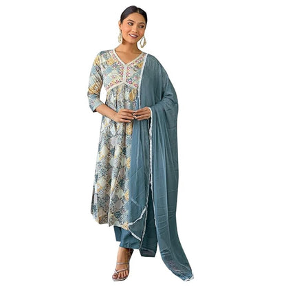 Naixa WomenS Firoji Viscose Rayon Printed Flared Kurta With Pant And Laced Dupatta Set