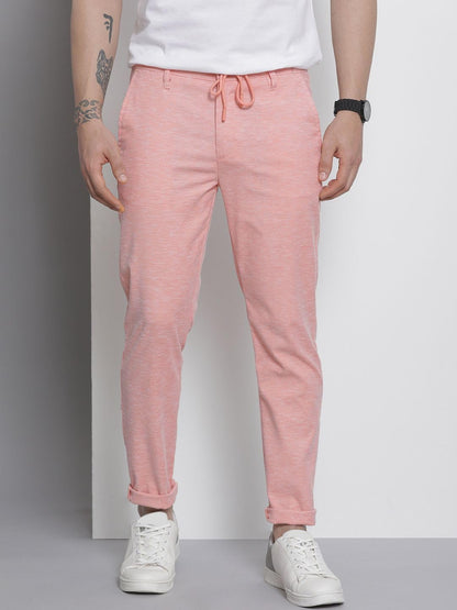 The Indian Garage Co Men Slim Fit Solid Mid-Rise Jogger Trousers Pink