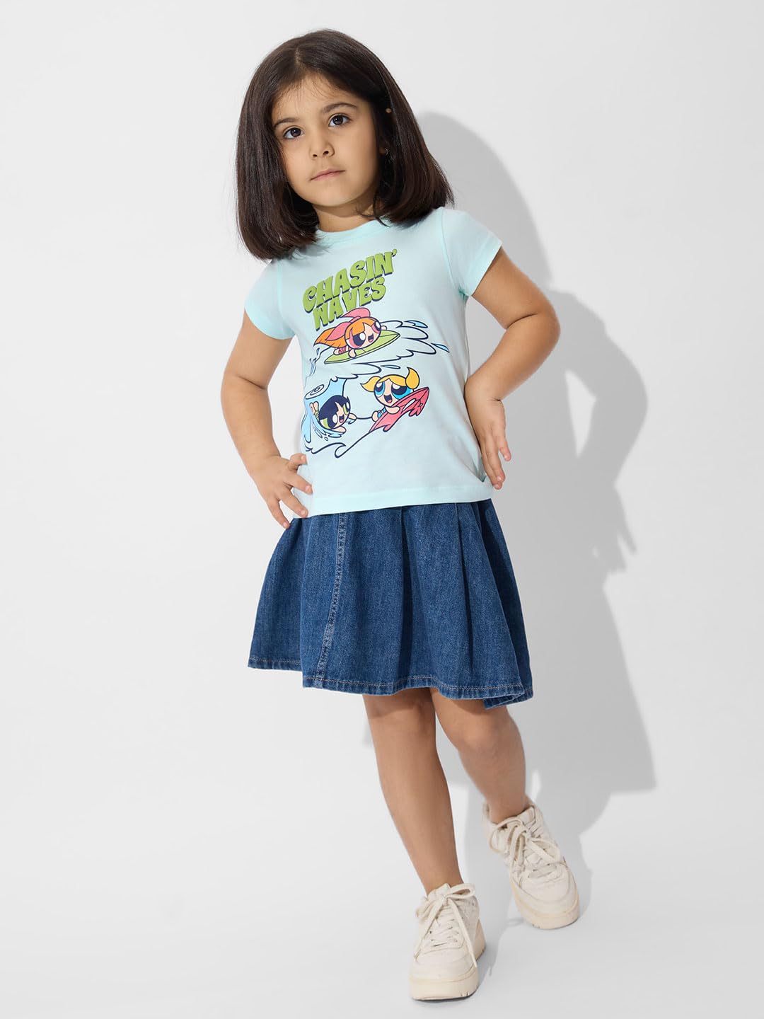 The Souled Store Official Powerpuff Girls : ChasinWaves Girls Round Neck Multicolor Graphic Printed Cotton Half Sleeve T-Shirts