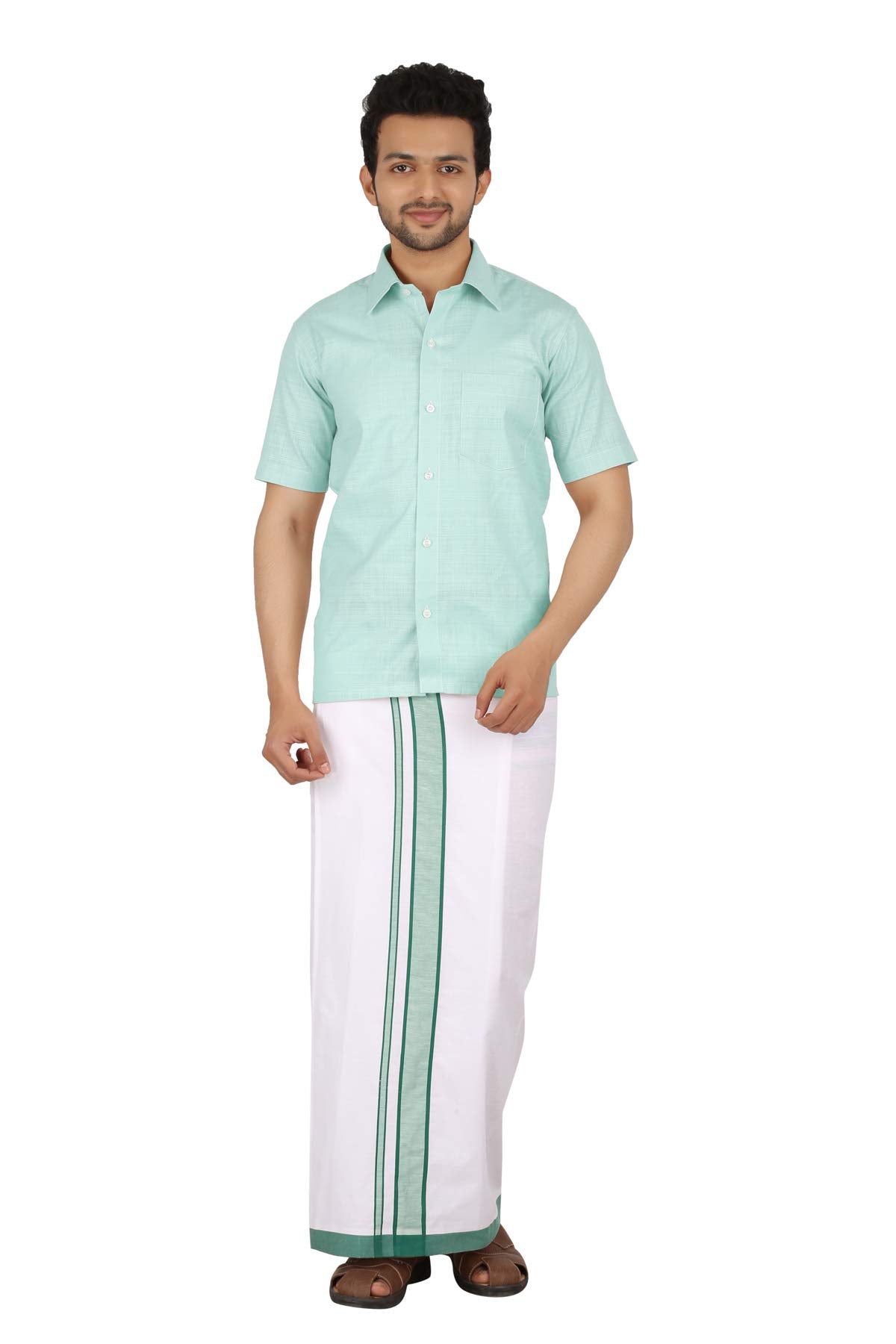 Prakasam Cotton MenS Green Border Dhoti With Welcro Pocket (Moon Green)