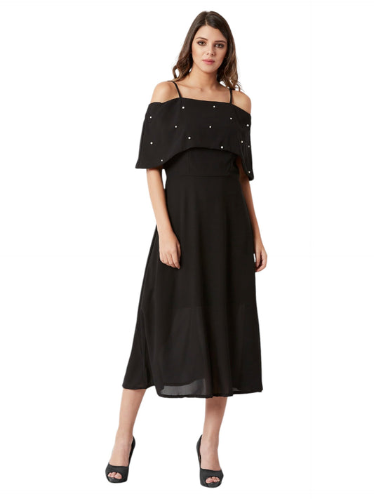 Miss Chase WomenS Off-Shoulder Sleeveless Pearl Detailing A-Line Midi Bardot Style Dress (Mcss25D93-21-503-06, Phantom Black, X