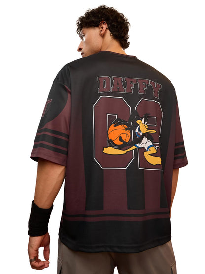 The Souled Store Looney Tunes: Daffy Men and Boys Short Sleeves V Neck Black and Brown Graphic Printed Polyester Oversized Jerse