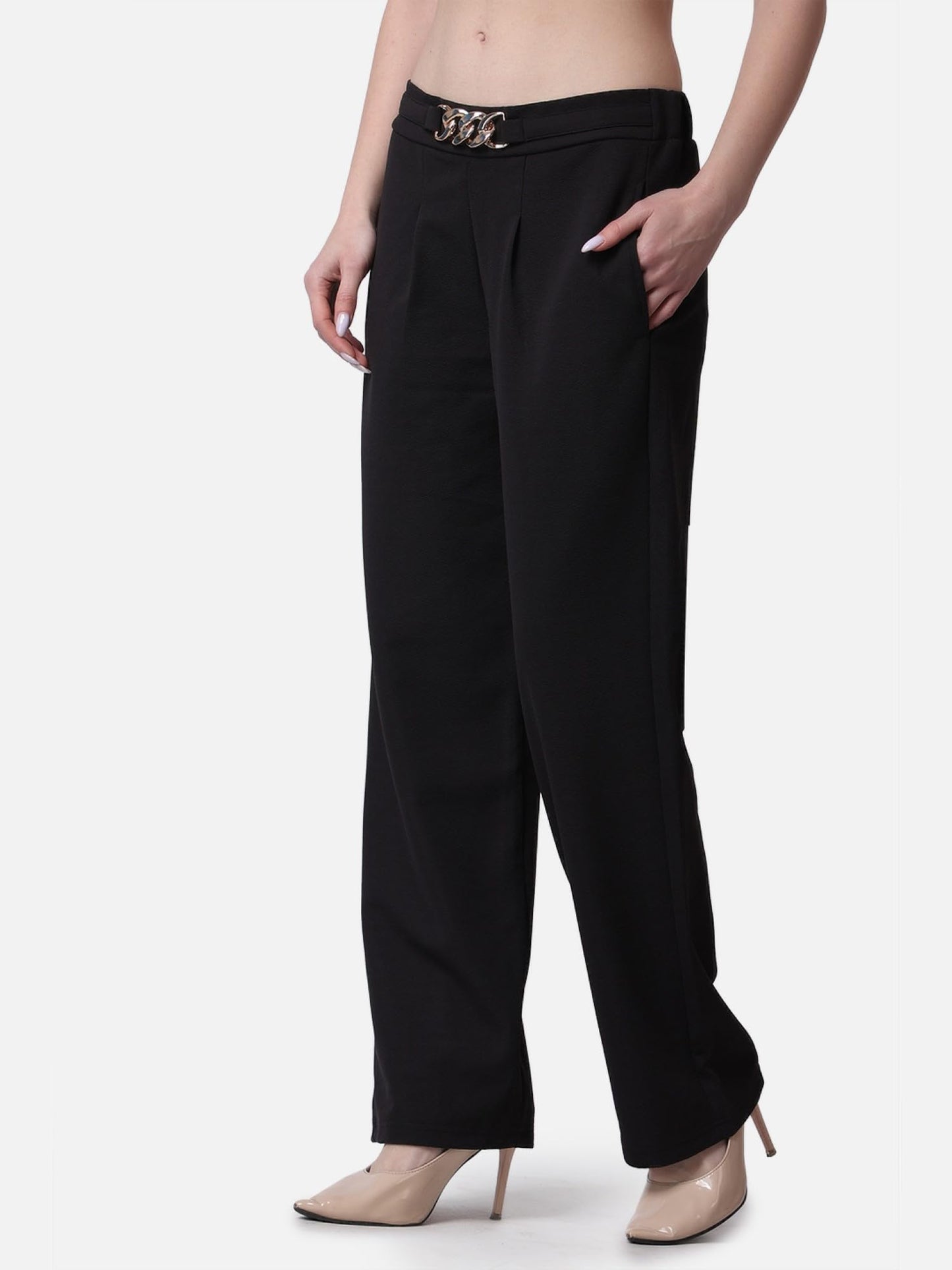 POPWINGS Casual Formal Regular Fit Solid Trousers for Women || Stylish Formal Trouser for Women with Pockets || Pull On Trouser
