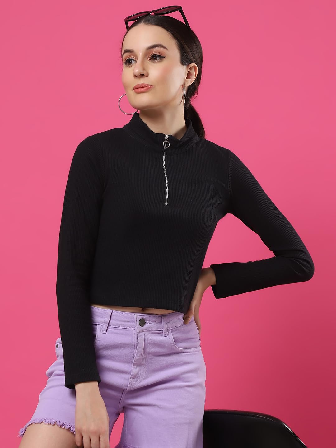 Rigo Waffle Knit Top for Women | High Collar Zipper Top for Women | Long Sleeves, Western Crop Tops for Women | Stylish Top for