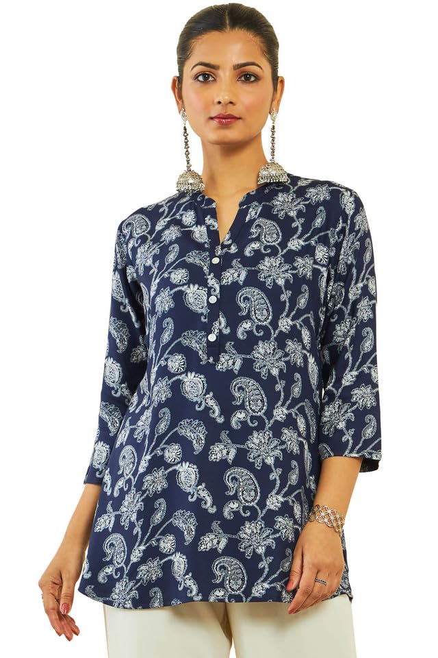Soch Womens Blue Rayon Tunic with Floral and Paisley Print