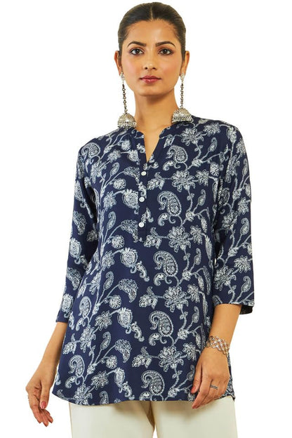 Soch Womens Blue Rayon Tunic with Floral and Paisley Print