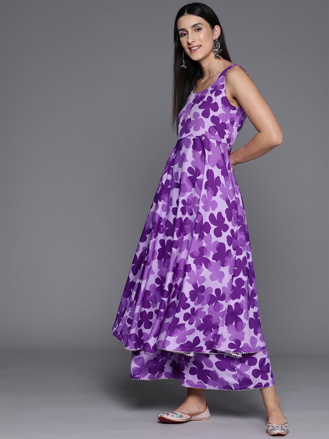Varanga Women Purple Floral Printed Anarkali Kurta Paired With Tonal Printed Bottom And Dupatta