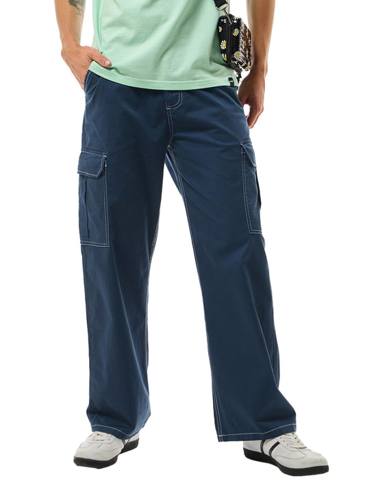 Bewakoof Mens Solid Wide Leg Cotton and Spandex Cargo Pants_628752_Blue_28