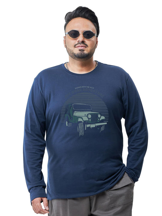 Bewakoof Mens Graphic Print Regular Fit Full Sleeve Round Neck Cotton Plus Size T-Shirt_634171_Blue_3XL