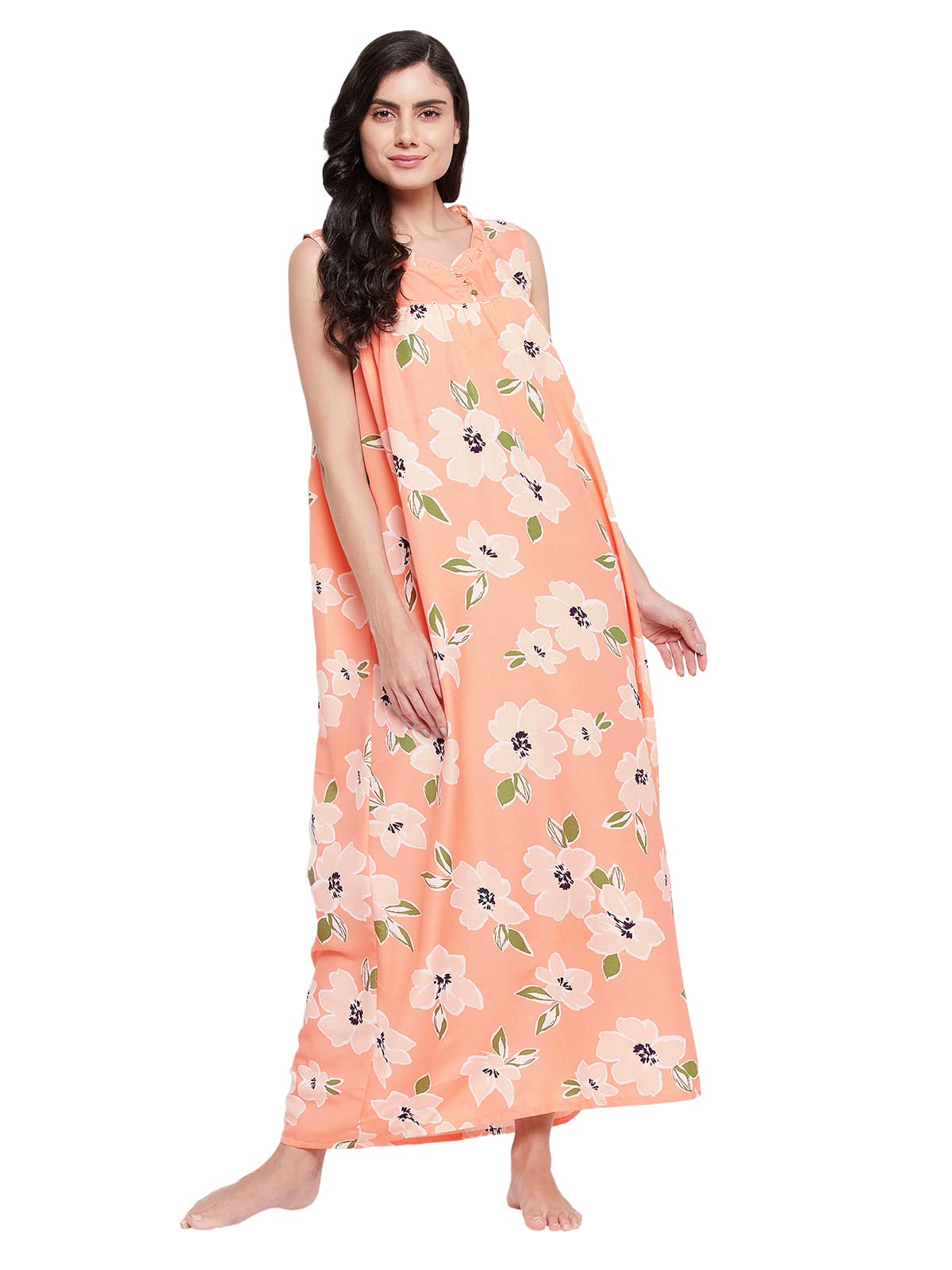 Clovia Womens Rayon Pretty Florals Long Night Dress (NS1459P34_Orange_XXL)