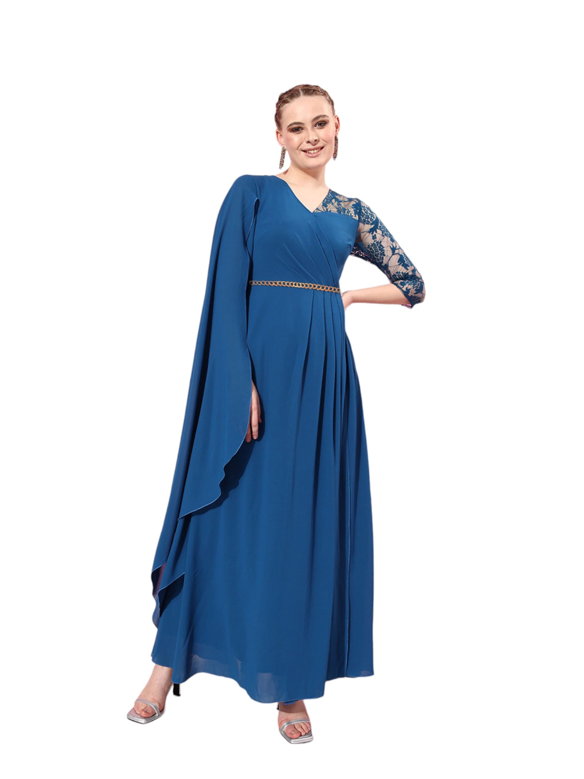 Miss Chase WomenS Royal Blue V-Neck Asymmetric Embellished Maxi Georgette Dress (Mcaw22D06-55-229-06, Royal Blue, Xl)