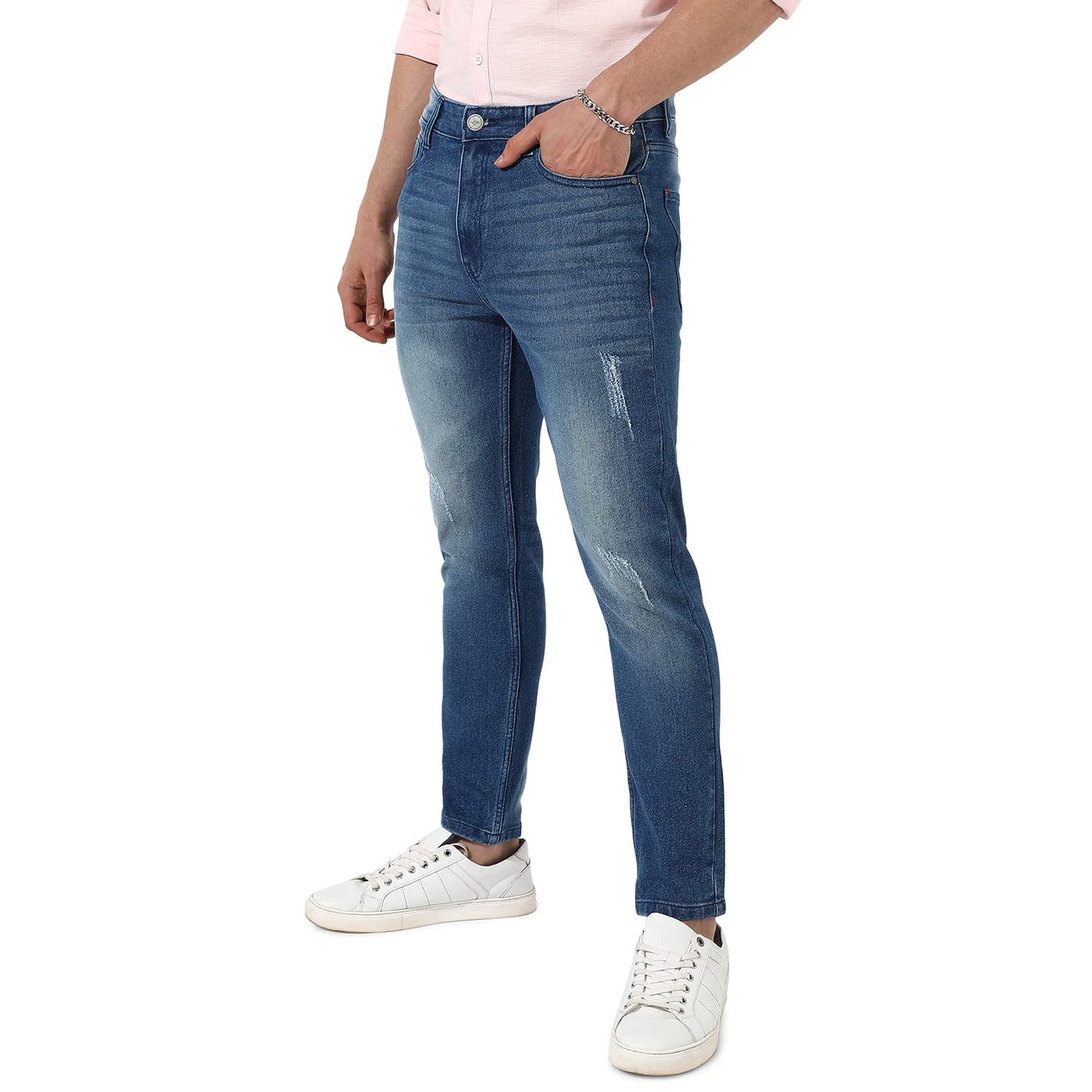 Campus Sutra Mens Blue Tapered Medium-Wash Denim Jeans | Stretchable Cotton Mid-Rise Denim Jeans Crafted with Comfort Fit and H