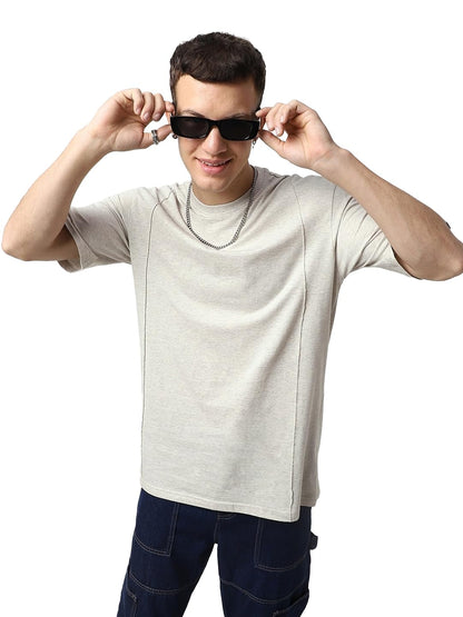 Bewakoof Air 1.0 Mens Solid Oversized Fit Half Sleeve Round Neck Cotton Melange T-Shirt_617069_ Grey_ L