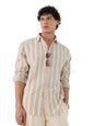 The Souled Store Seaside Stripes Men and Boys Long Sleeves Collared Neck Button Front Beige Regular Fit Cotton Linen Shirts
