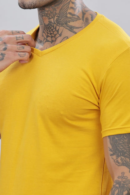 ADRO Men's V Neck Solid Cotton T-Shirt (VN-M-PLN-MU_Mustard)