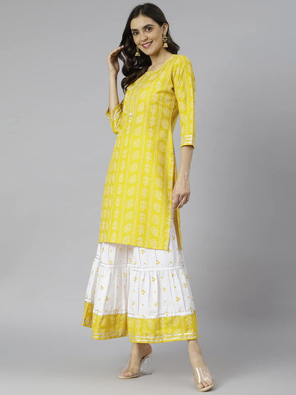 GoSriKi Women's Cotton Blend Straight Printed Kurta with Skirt (Mausam_New-GO)