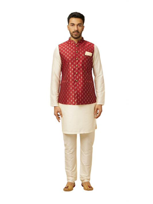 Manyavar Maroon Art Silk Foil Print Jackets