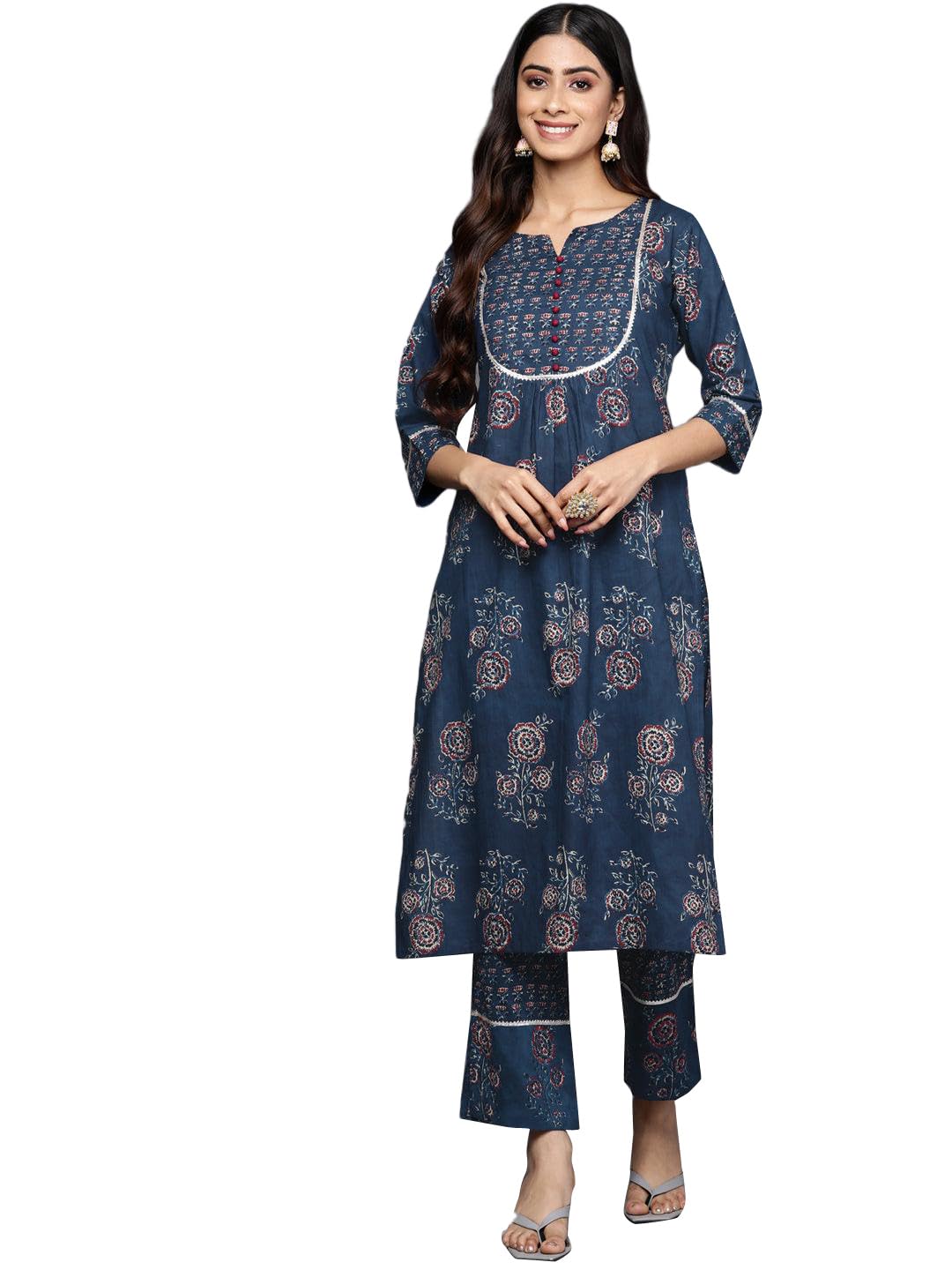 Libas Womens Printed Cotton Straight Kurta With Trousers