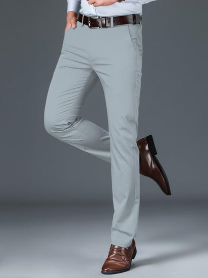AVANOVA Mens Light Grey Solid Trousers Light Business Style Slightly Stretch Straight Leg Pants for Outdoor Casual Daily (Trous