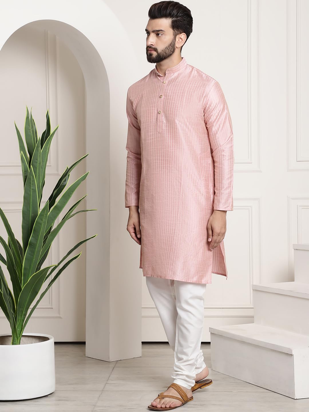 Sojanya (Since 1958 MenS Silk Blend Pink Pintex Kurta And White Churidar Pyjama Set