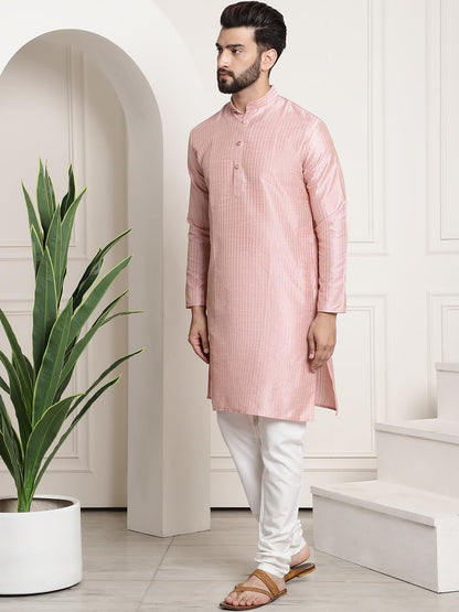 Sojanya (Since 1958 MenS Silk Blend Pink Pintex Kurta And White Churidar Pyjama Set