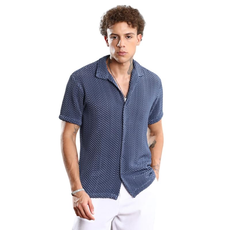 Campus Sutra Mens Lapis Blue Puffy-Textured Shirt | Casual Wear | Cuban Collar | Short Sleeve | Button Closure | Shirt Crafted