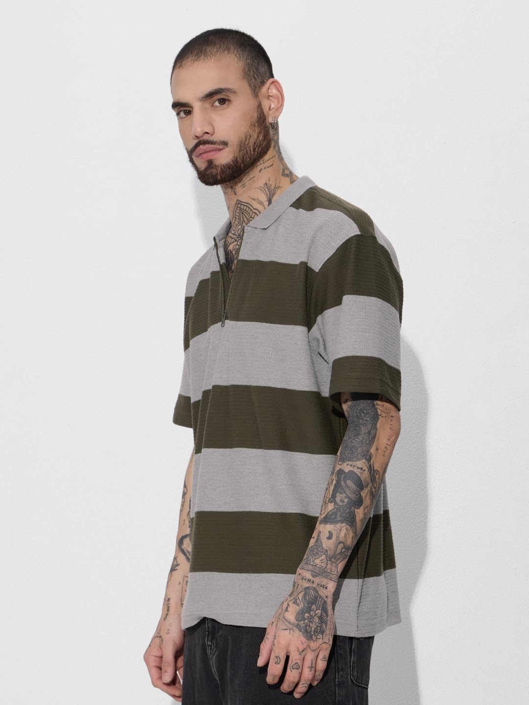 The Souled Store Jacquard Polo: Olive Men and Boys Short Sleeve Collared Neck Cotton Oversized Polos