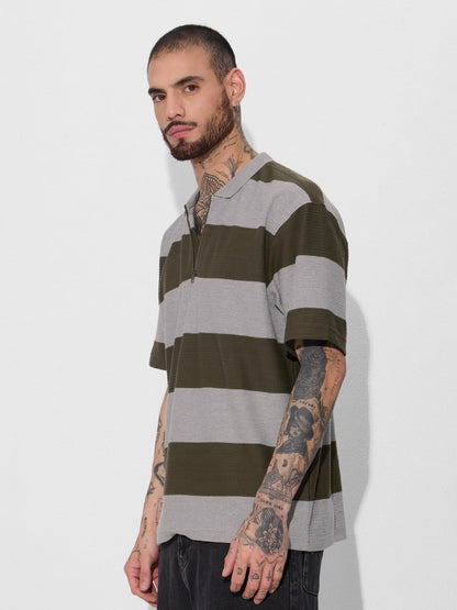 The Souled Store Jacquard Polo: Olive Men and Boys Short Sleeve Collared Neck Cotton Oversized Polos