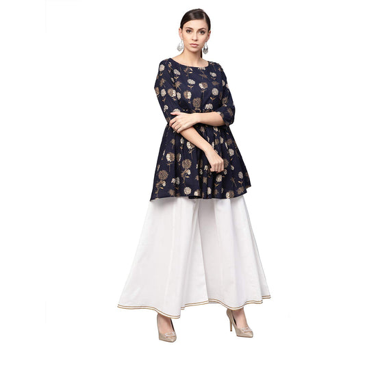 idaLia Women's Gold Print Peplum Cotton Kurta Set