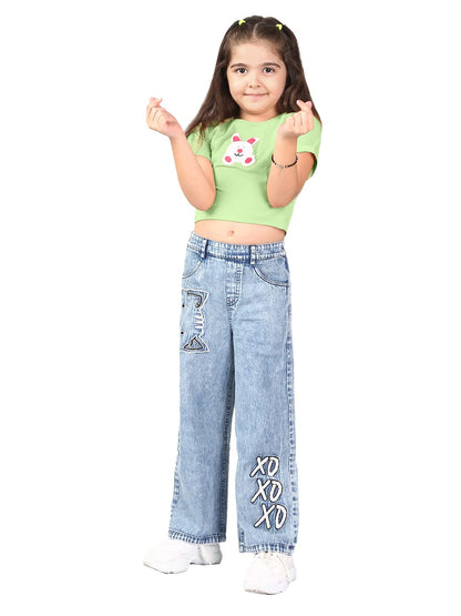 Naughty Ninos Girls Blue Heavy Fade Embroidered Pants