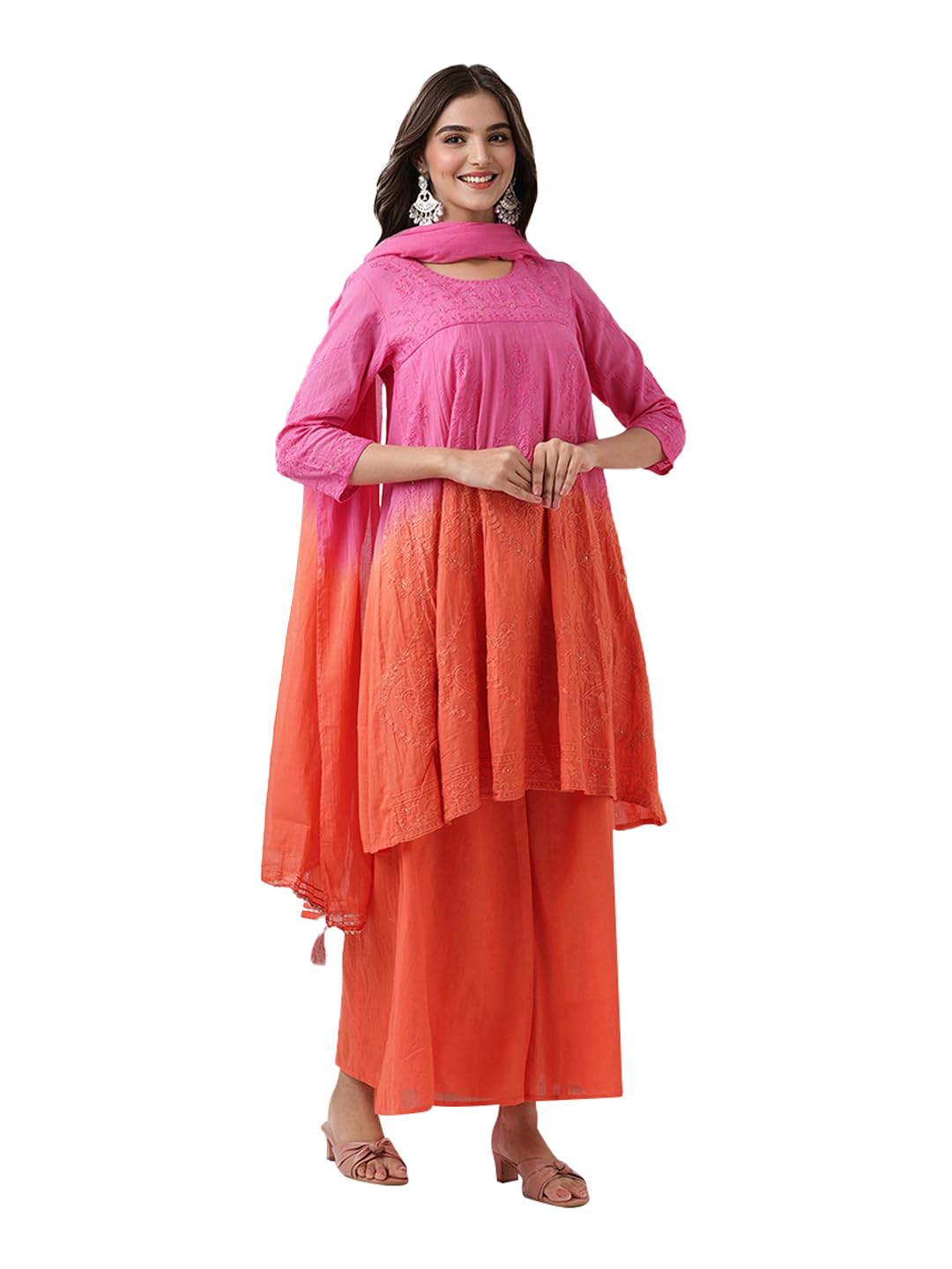 Ishin Ombre Dyed Threadwork Kurta With Pants And Dupatta