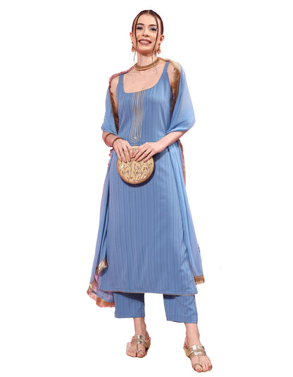 Varanga Women Blue Spaghetti Strap Straight Kurta With Tonal Bottom & Dupatta  Lace & Gotta Detailing On Yoke For A Stylish And
