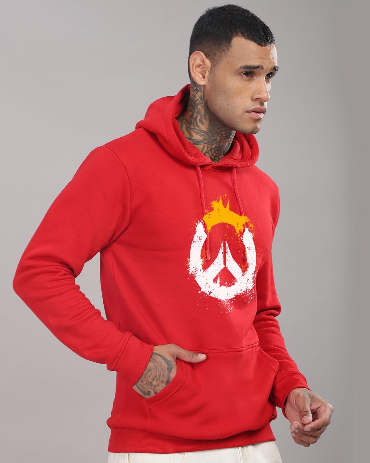 ADRO Men's Cotton Neck Hooded Sweatshirt (H20-M-PC-RD_Red)
