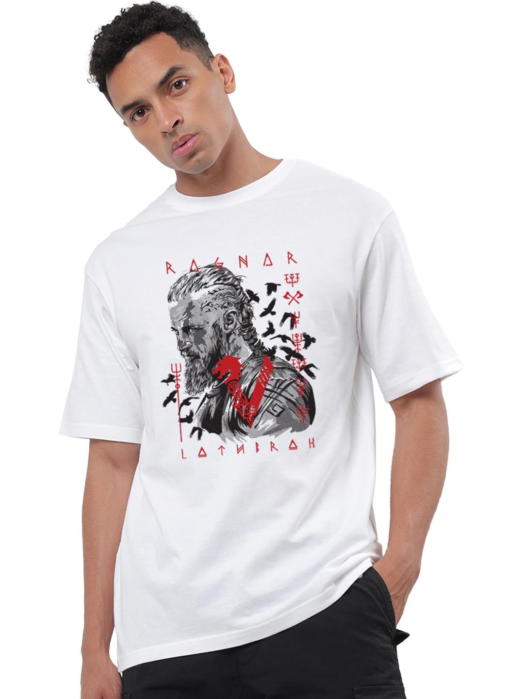 Bewakoof Mens White Barbarian Graphic Printed Oversized Half Sleeve Crew Neck Cotton T-Shirt