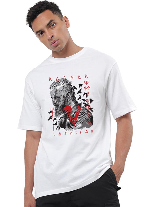 Bewakoof Mens White Barbarian Graphic Printed Oversized Half Sleeve Crew Neck Cotton T-Shirt