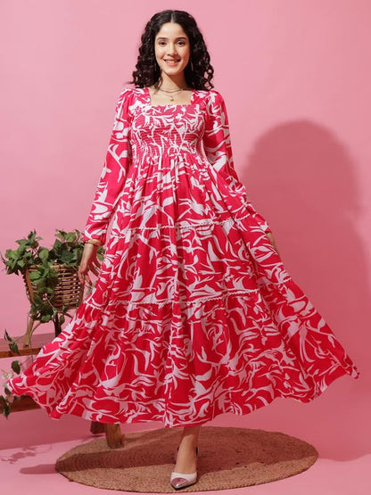 Sheetal Associates WomenS Pink & White Floral Printed Smocked Fit And Flare Maxi Dress| Comfortable Relaxed Fit Summer Dress