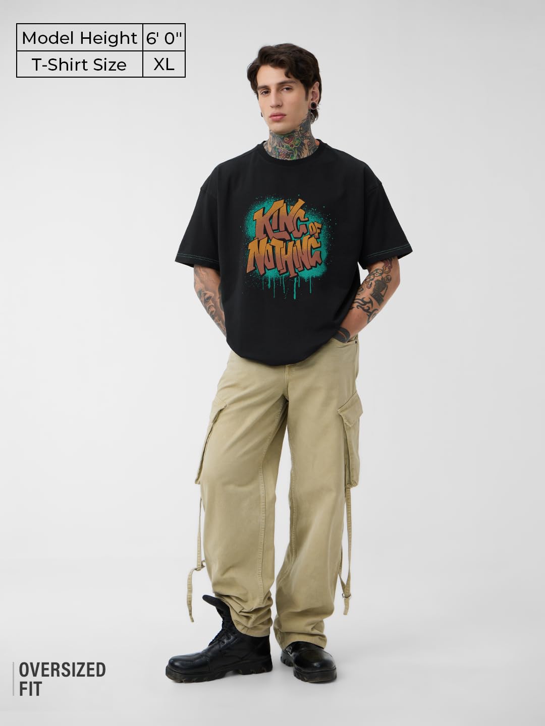 The Souled Store King of Nothing Men and Boys Short Sleeves Round Neck Black Graphic Printed Cotton Oversized T-Shirts