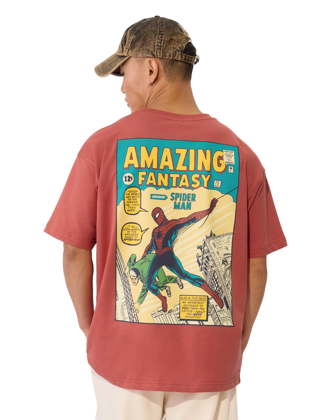 The Souled Store Official Spider Man Originals: Amazing Fantasy Oversized T-Shirt for Men Boys Cotton Casual Half Sleeves Baggy