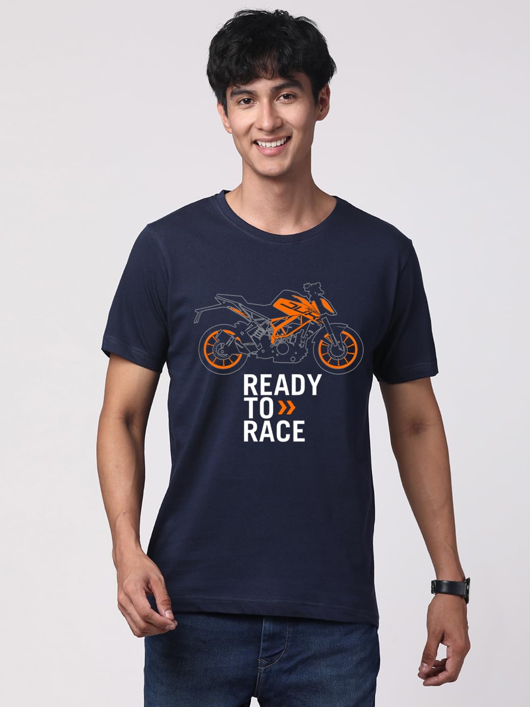 ADRO Men's Biker Design Printed 100% Cotton T-Shirt - Regular Fit, Printed T-Shirts for Men (RN24-KTM-NB_Navy)