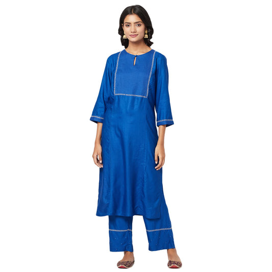Fabindia Viscose Tussar Embroidered Kurta Set (Dark Blue-10701082)
