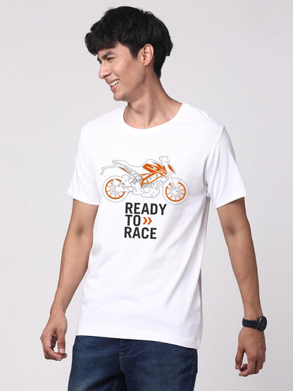 ADRO Men's Biker Design Printed 100% Cotton T-Shirt - Regular Fit, Printed T-Shirts for Men (RN24-KTM-WH_White)