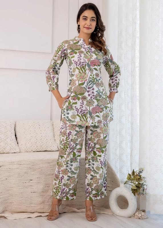 SMOWKLY Womens Printed Rayon Slub Mid Thighs Short Kurti With Relaxed Fit Pant Sylish Co-Ords Set || Trendy 3/4 Sleeve Kurta &
